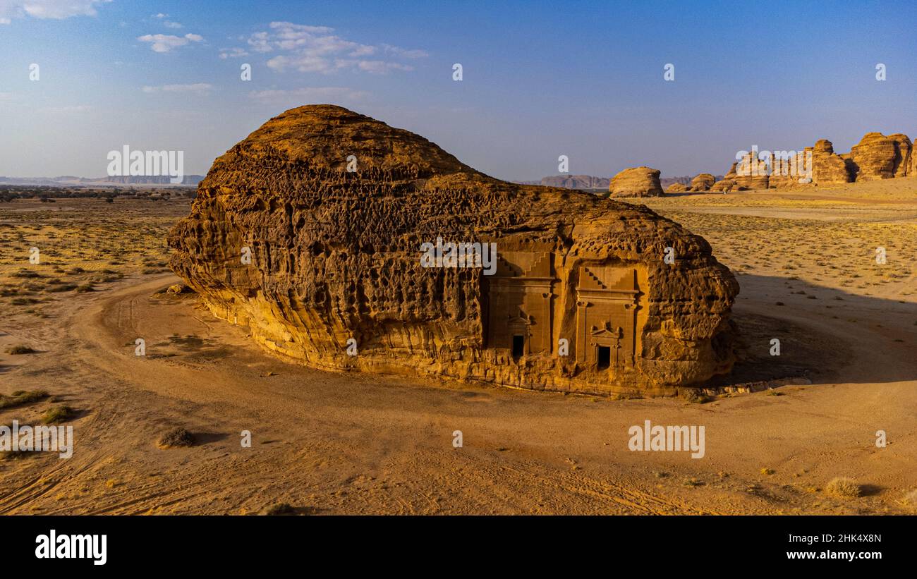 Antenne des tombes rocheuses, Madain Saleh (Hegra) (Al Hijr), site du patrimoine mondial de l'UNESCO, Al Ula, Royaume d'Arabie Saoudite, Moyen-Orient Banque D'Images