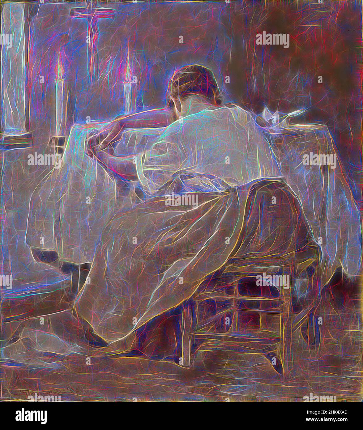 Inspiré par son premier né, Robert Reid, américain, 1862-1929, huile sur toile, 1888, 37 x 33 5/8 po, 94 x 85,4 cm, 1888, American, American art, American Painting, tablier, bébé, bougies, enfant, berceau, croix, crucifix, pleurs, mort, femme, figure, nourrisson, intérieur, mère, deuil, Huile sur toile, huile, revisitée par Artotop. L'art classique réinventé avec une touche moderne. Conception de lumière chaleureuse et gaie, de luminosité et de rayonnement de lumière. La photographie s'inspire du surréalisme et du futurisme, embrassant l'énergie dynamique de la technologie moderne, du mouvement, de la vitesse et révolutionne la culture Banque D'Images