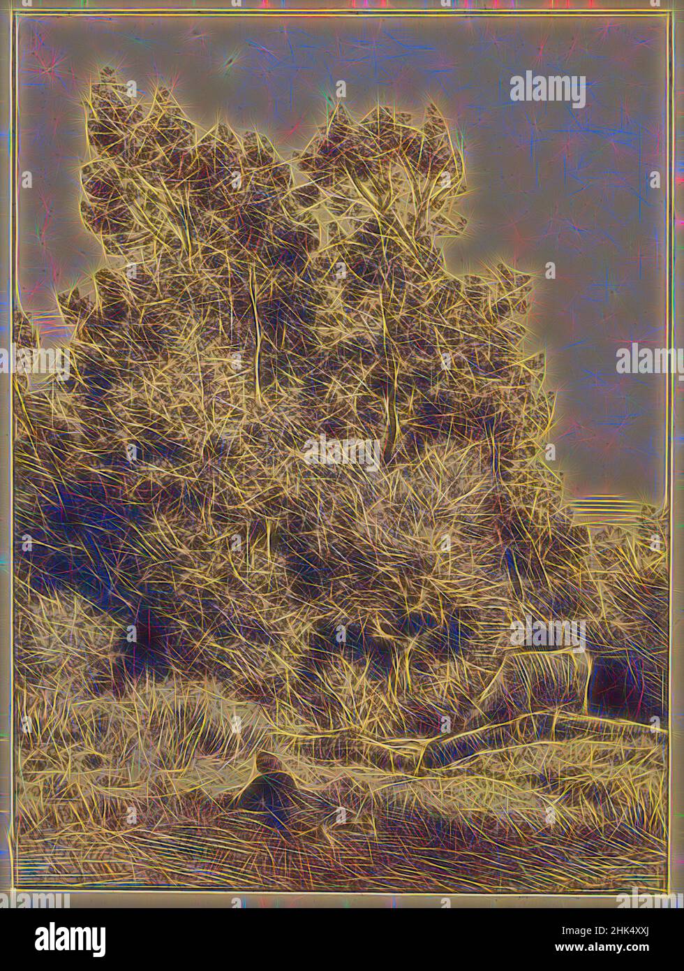 Inspiré par le paysage avec des vaches, Charles-Émile Jacque, français, 1813-1894, Etching sur papier cousu, 1864, 7 3/4 x 5 7/8 po, 19,7 x 14,9 cm, feuilles, arbres, réimaginé par Artotop. L'art classique réinventé avec une touche moderne. Conception de lumière chaleureuse et gaie, de luminosité et de rayonnement de lumière. La photographie s'inspire du surréalisme et du futurisme, embrassant l'énergie dynamique de la technologie moderne, du mouvement, de la vitesse et révolutionne la culture Banque D'Images