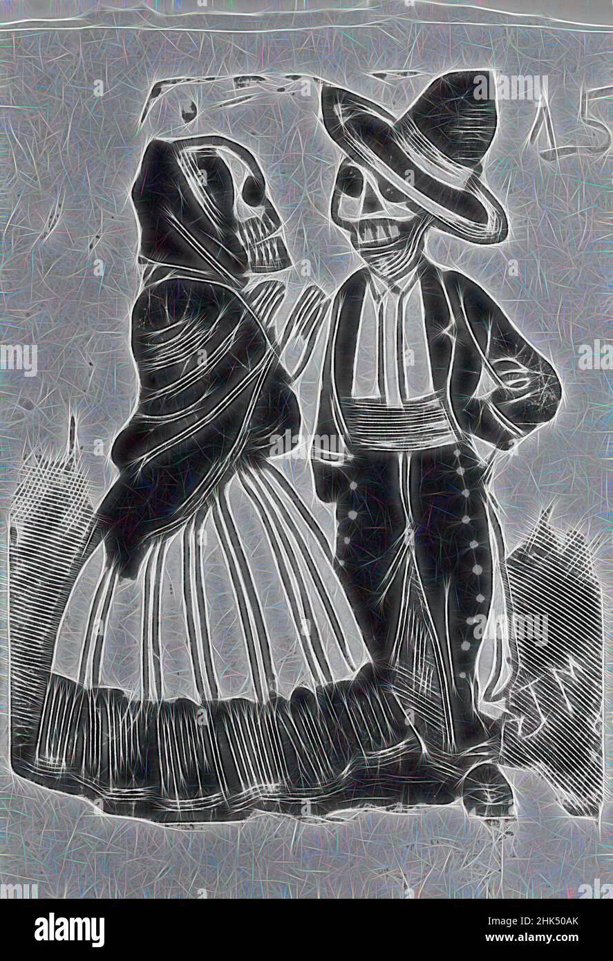 Inspiré par Coloquio de Buenas Calaveras, José Guadalupe Posada, Mexicain, 1852-1913, relief gravure sur papier vélin, 3 7/8 × 2 7/8 po, 9,8 × 7,3 cm, réimaginé par Artotop. L'art classique réinventé avec une touche moderne. Conception de lumière chaleureuse et gaie, de luminosité et de rayonnement de lumière. La photographie s'inspire du surréalisme et du futurisme, embrassant l'énergie dynamique de la technologie moderne, du mouvement, de la vitesse et révolutionne la culture Banque D'Images