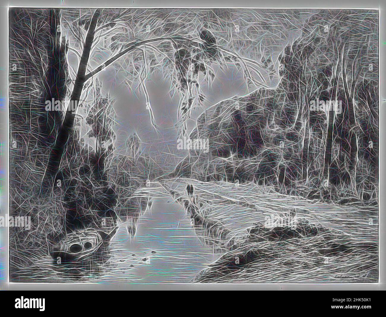 Inspiré par le canal, Maxime Lalanne, français, 1827-1886, Etching sur papier cousu, 6 3/4 x 9 1/8 po, 17,1 x 23,2 cm, repensé par Artotop. L'art classique réinventé avec une touche moderne. Conception de lumière chaleureuse et gaie, de luminosité et de rayonnement de lumière. La photographie s'inspire du surréalisme et du futurisme, embrassant l'énergie dynamique de la technologie moderne, du mouvement, de la vitesse et révolutionne la culture Banque D'Images