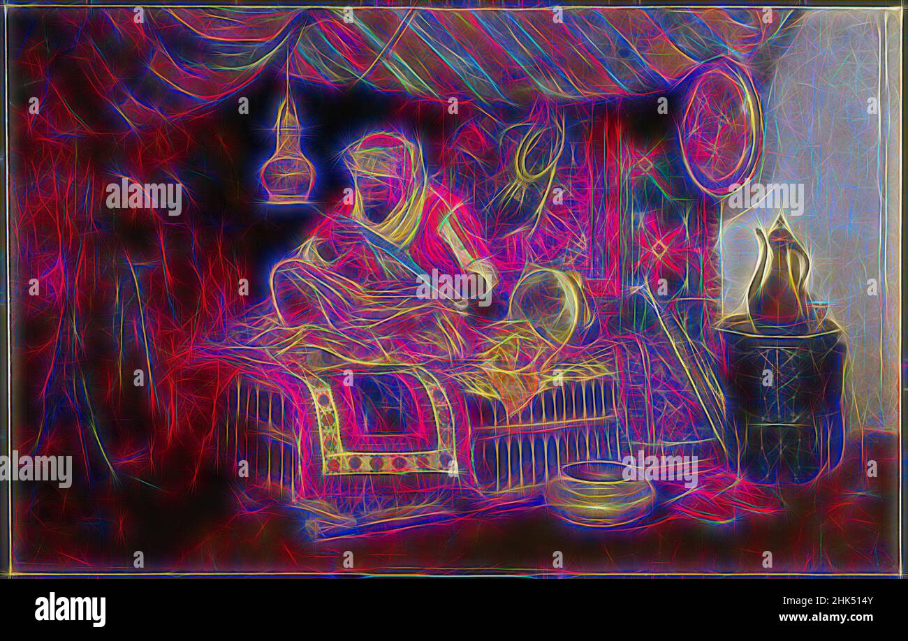 Inspiré par le guerrier mauresque, William Merritt Chase, américain, 1849-1916, huile sur toile, env. 1878, 59 3/16 x 94 7/16 po, 150,4 x 239,9 cm, barbe, intérieur, lampe, huile sur toile, orientalisme, peinture, riche, tapis, tapis, Épée, tente, turban, guerrier, réimaginé par Artotop. L'art classique réinventé avec une touche moderne. Conception de lumière chaleureuse et gaie, de luminosité et de rayonnement de lumière. La photographie s'inspire du surréalisme et du futurisme, embrassant l'énergie dynamique de la technologie moderne, du mouvement, de la vitesse et révolutionne la culture Banque D'Images