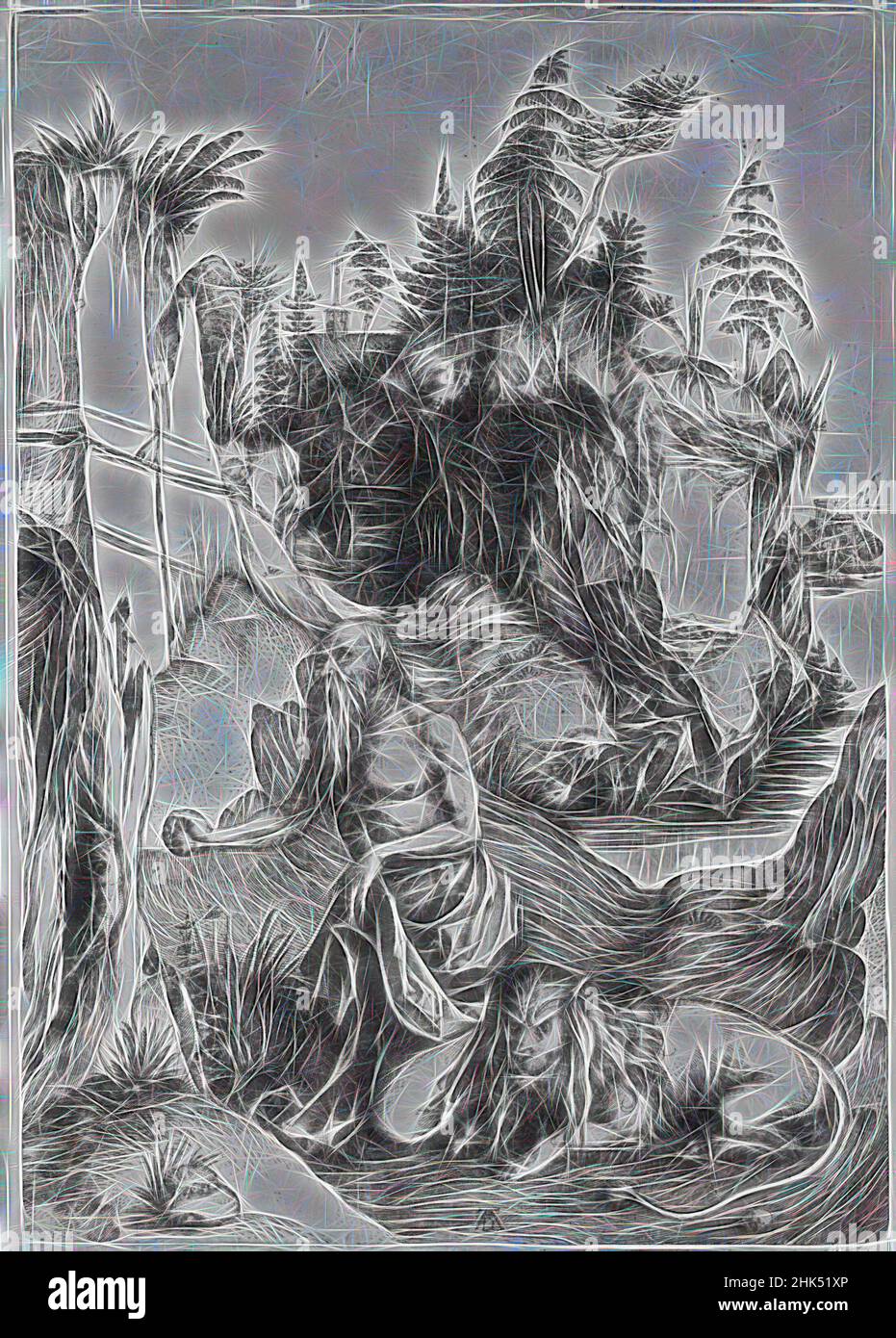 Inspiré par Saint-Jérôme dans le désert, Albrecht Dürer, allemand, 1471-1528, gravure sur papier cousu, 1495-1497, feuille: 12 3/8 x 8 7/8 po, 31,4 x 22,5 cm, réimaginé par Artotop. L'art classique réinventé avec une touche moderne. Conception de lumière chaleureuse et gaie, de luminosité et de rayonnement de lumière. La photographie s'inspire du surréalisme et du futurisme, embrassant l'énergie dynamique de la technologie moderne, du mouvement, de la vitesse et révolutionne la culture Banque D'Images