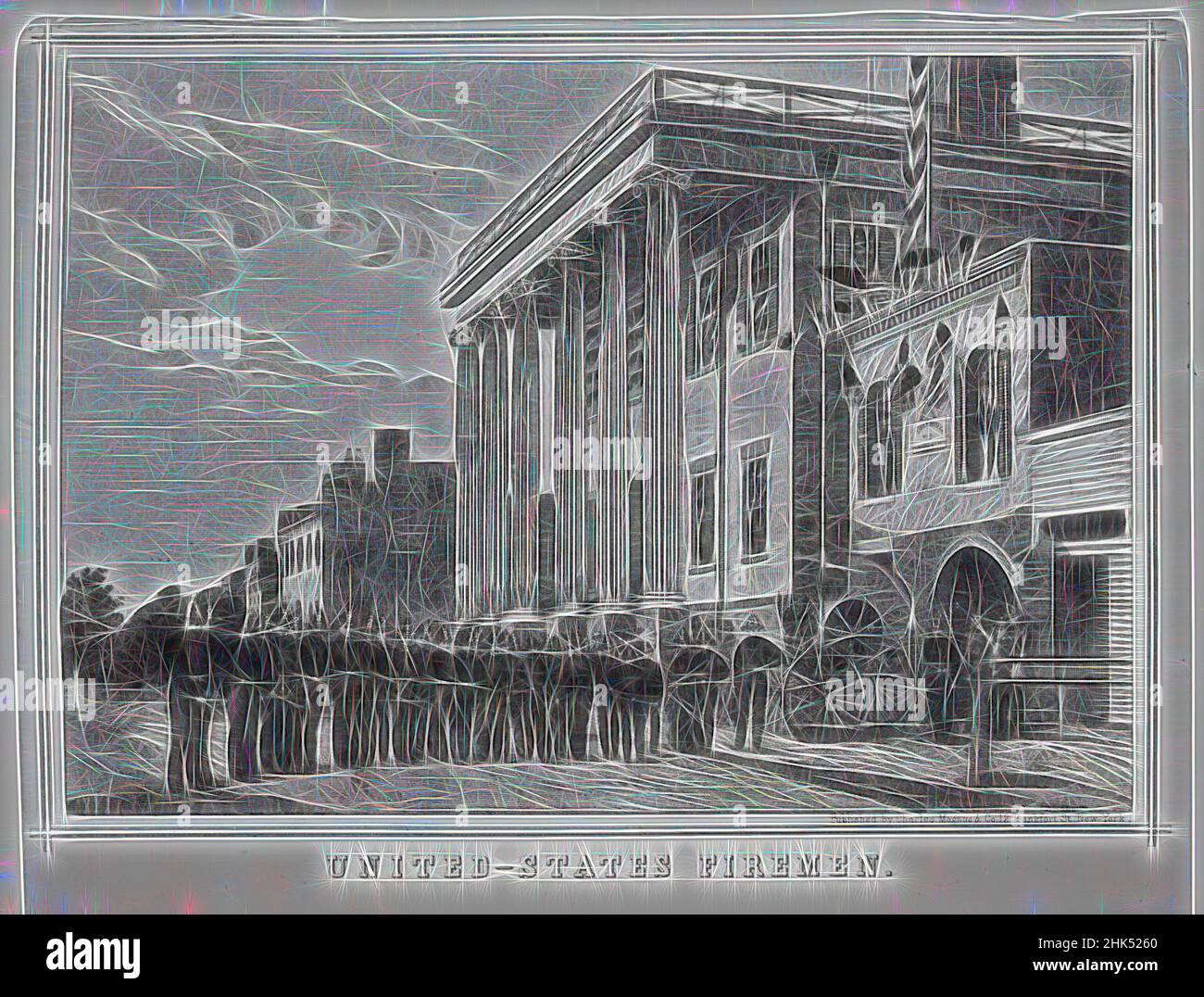 Inspiré par le pompier des États-Unis, lithographie, peint à la main avec aquarelle sur papier, feuille: 9 1/2 x 16 3/4 po., 24,1 x 42,5 cm, repensé par Artotop. L'art classique réinventé avec une touche moderne. Conception de lumière chaleureuse et gaie, de luminosité et de rayonnement de lumière. La photographie s'inspire du surréalisme et du futurisme, embrassant l'énergie dynamique de la technologie moderne, du mouvement, de la vitesse et révolutionne la culture Banque D'Images