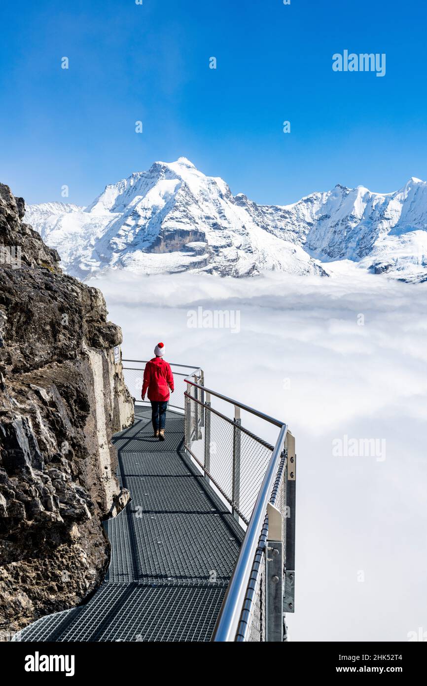 Femme admirant la montagne de la Jungfrau dans le brouillard de la promenade panoramique à sensations fortes, Murren Birg, canton de Berne, Alpes suisses, Suisse,Europe Banque D'Images