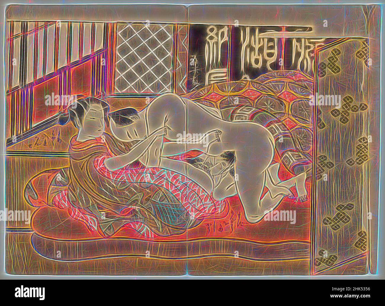 Inspiré par un couple amoreux, Isoda Koryusai, Japonais, CA. 1766-1788, impression couleur sur papier, Japon, env. 1770-1775, période Edo, 7 3/8 x 10 po., 18,7 x 25,4 cm, shunga, réimaginé par Artotop. L'art classique réinventé avec une touche moderne. Conception de lumière chaleureuse et gaie, de luminosité et de rayonnement de lumière. La photographie s'inspire du surréalisme et du futurisme, embrassant l'énergie dynamique de la technologie moderne, du mouvement, de la vitesse et révolutionne la culture Banque D'Images