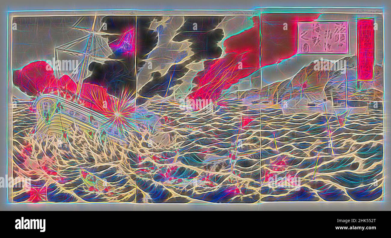 Inspiré par Triptych : bataille navale, imprimé color boisés, Japon, 1894, période Meiji, 14 1/2 x 9 3/4 po, 36,8 x 24,8 cm, bateau, explosion, armes à feu, flammes, graphique, océan, mer, navire, naufrage, Fumée, guerre, réimaginé par Artotop. L'art classique réinventé avec une touche moderne. Conception de lumière chaleureuse et gaie, de luminosité et de rayonnement de lumière. La photographie s'inspire du surréalisme et du futurisme, embrassant l'énergie dynamique de la technologie moderne, du mouvement, de la vitesse et révolutionne la culture Banque D'Images