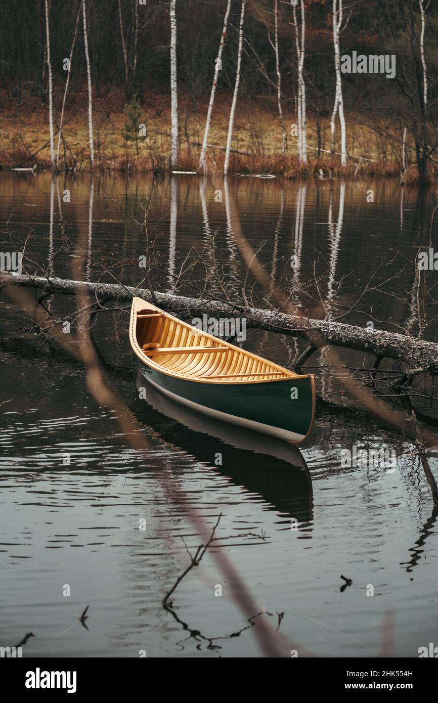 Un magnifique canoë vert canadien flottant sur le lac forestier.Ambiance automnale tranquille et calme avec un bateau en bois et personne Banque D'Images