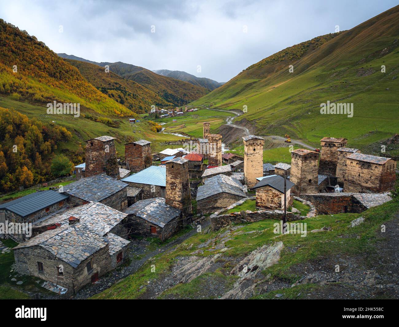 Une journée nuageuse à Ushguli, Mestia, Samegrelo-Haut-Svaneti, Géorgie (Sakartvelo), Asie centrale,Asie Banque D'Images