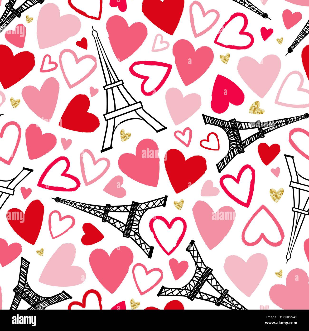 Romantique main dessiné Tour Eiffel sans couture, superbe fond de la Saint-Valentin avec coeurs doodle, idéal pour les textiles, bannières, fonds d'écran, wrapp Illustration de Vecteur