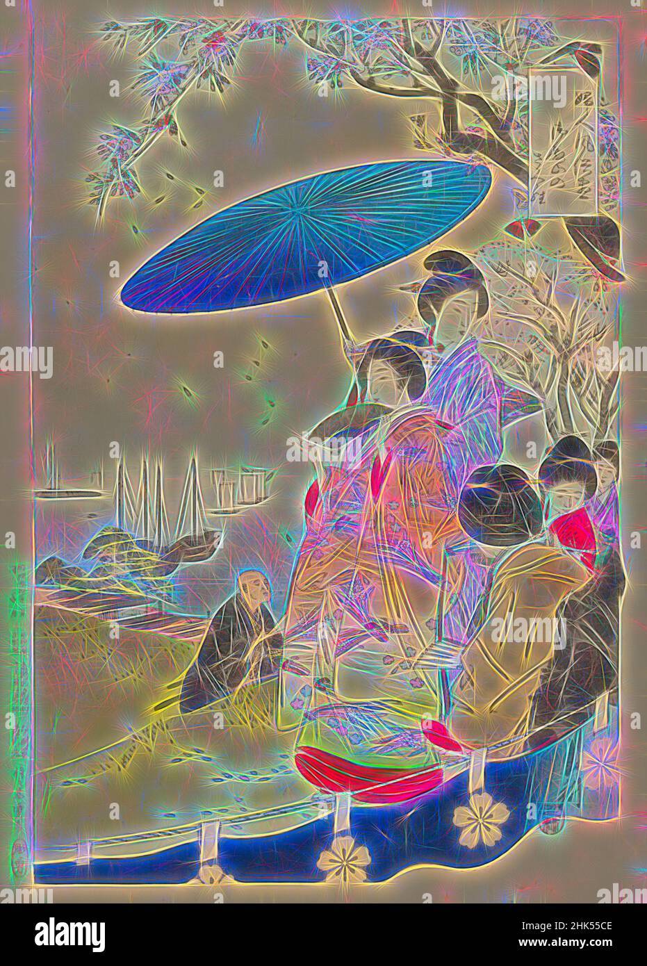 Inspiré par les cerisiers en fleurs de Goten-yama, de la série un assortiment de la douane féminine, Ogata Gekko, japonais, 1859-1920, impression de blocs de bois couleur sur papier, Japon, 1891, période Meiji, 14 1/2 x 10 po, 36,8 x 25,4 cm, baie, fleurs, bateaux, ventilateur, femme beauté, kimono, femmes, lavande, loisirs, Repensé par Artotop. L'art classique réinventé avec une touche moderne. Conception de lumière chaleureuse et gaie, de luminosité et de rayonnement de lumière. La photographie s'inspire du surréalisme et du futurisme, embrassant l'énergie dynamique de la technologie moderne, du mouvement, de la vitesse et révolutionne la culture Banque D'Images