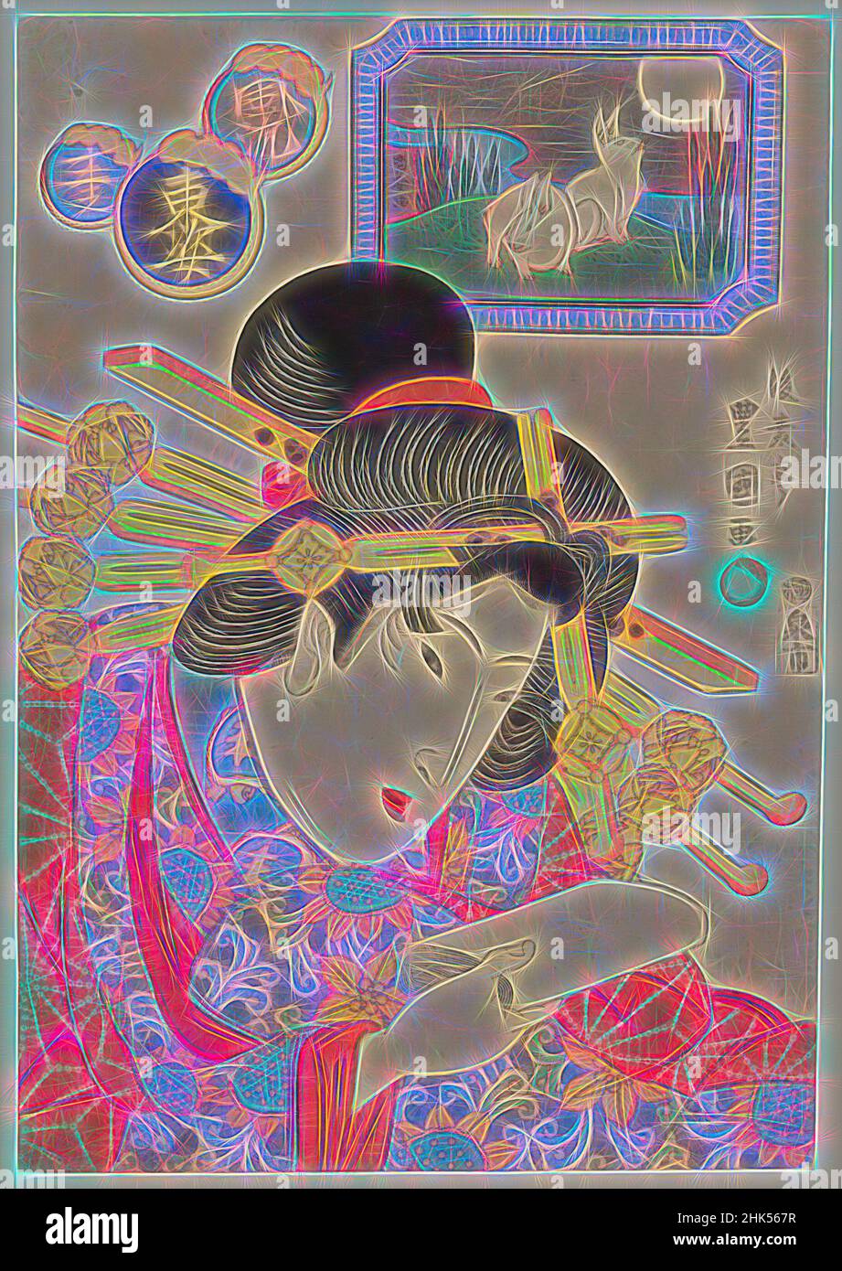 Inspiré par Hare, de la série Twelve Forms of the fashion Eastern Zodiac, Gosotei Toyokuni II, japonais, 1802-1835, imprimé en bois de couleur sur papier, Japon, fin 1820s, période Edo, 14 1/8 x 9 5/8 po, 35,9 x 24,4 cm, Bijin, Bijinga, période Edo, Geisha, Coiffure, Japon, japonais, kimono, réimaginé par Artotop. L'art classique réinventé avec une touche moderne. Conception de lumière chaleureuse et gaie, de luminosité et de rayonnement de lumière. La photographie s'inspire du surréalisme et du futurisme, embrassant l'énergie dynamique de la technologie moderne, du mouvement, de la vitesse et révolutionne la culture Banque D'Images