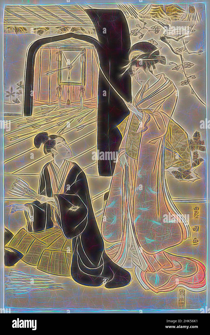 Inspiré par les jeunes Samurai et les femmes Attendants pratiquant le tir à l'arc, la moitié d'un diptych, Utagawa Toyokuni, japonais, 1769-1825, diptych, Imprimé bois, Japon, env. 1800, période Edo, 15 1/4 x 10 1/8 po., 38,7 x 25,7 cm, tir à l'arc, bijin, bijinga, arc et flèche, Couple, diptych, période Edo, élite, réimaginé par Artotop. L'art classique réinventé avec une touche moderne. Conception de lumière chaleureuse et gaie, de luminosité et de rayonnement de lumière. La photographie s'inspire du surréalisme et du futurisme, embrassant l'énergie dynamique de la technologie moderne, du mouvement, de la vitesse et révolutionne la culture Banque D'Images
