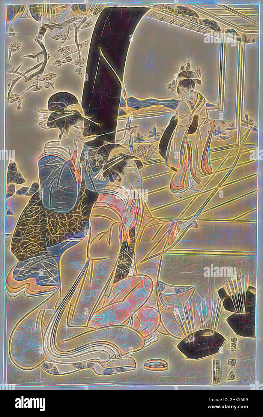 Inspiré par les jeunes Samurai et les femmes Attendants pratiquant le tir à l'arc, moitié d'un diptych, Utagawa Toyokuni, japonais, 1769-1825, imprimé Woodblock, Japon, env. 1800, période Edo, 15 1/8 x 10 po, 38,4 x 25,4 cm, tir à l'arc, flèches, arc et flèche, kimono, femmes, loisirs, plein air, loisirs, peignoirs, Serviteurs, réimaginé par Artotop. L'art classique réinventé avec une touche moderne. Conception de lumière chaleureuse et gaie, de luminosité et de rayonnement de lumière. La photographie s'inspire du surréalisme et du futurisme, embrassant l'énergie dynamique de la technologie moderne, du mouvement, de la vitesse et révolutionne la culture Banque D'Images