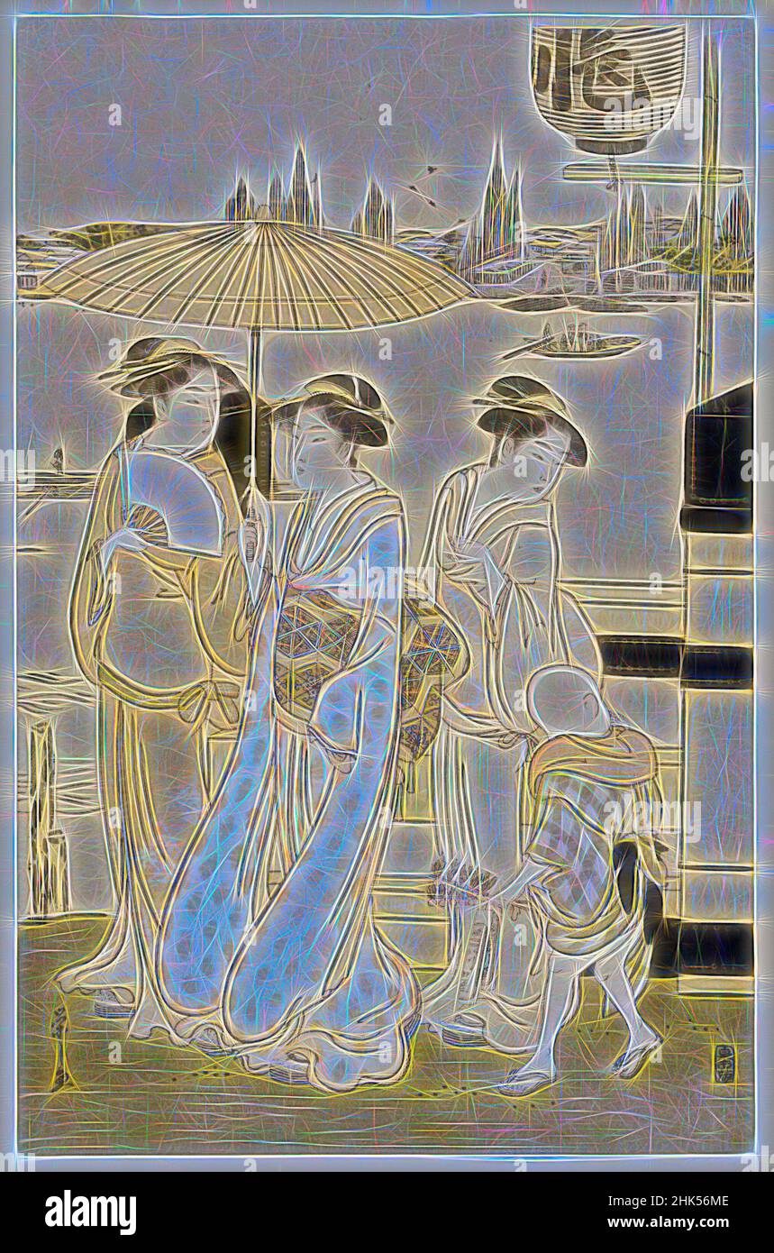 Inspiré par trois femmes et un garçon le long de la rivière Sumida, Eishi Chobunsai, japonais, 1756-1829, imprimé color block sur papier, Japon, 1788-1789, période Edo, 15 1/4 x 9 7/8 po, 38,7 x 25,1 cm, Garçon, période Edo, Fukei-ga, Japon, Japonais, Dames, Paysage, nature, Rivière, Ukiyo-e, Parapluie, femmes, réimaginé par Artotop. L'art classique réinventé avec une touche moderne. Conception de lumière chaleureuse et gaie, de luminosité et de rayonnement de lumière. La photographie s'inspire du surréalisme et du futurisme, embrassant l'énergie dynamique de la technologie moderne, du mouvement, de la vitesse et révolutionne la culture Banque D'Images