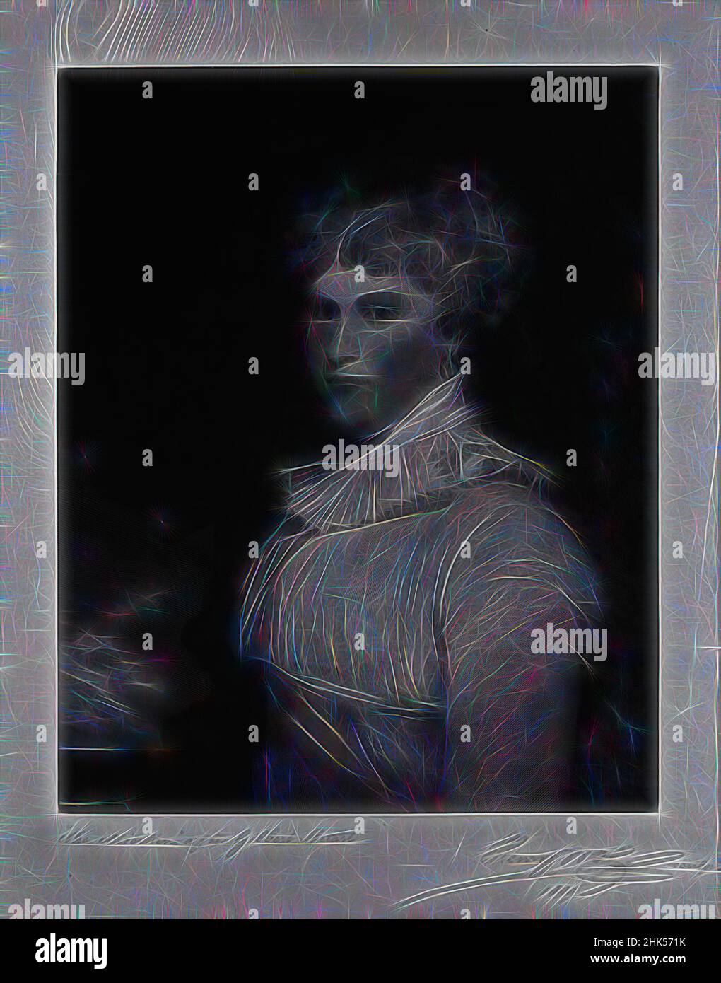 Inspiré par Mme Mierkin, gravure en bois sur papier fin, 1899, image: 6 7/16 x 5 3/16 po., 16,4 x 13,2 cm, repensé par Artotop. L'art classique réinventé avec une touche moderne. Conception de lumière chaleureuse et gaie, de luminosité et de rayonnement de lumière. La photographie s'inspire du surréalisme et du futurisme, embrassant l'énergie dynamique de la technologie moderne, du mouvement, de la vitesse et révolutionne la culture Banque D'Images