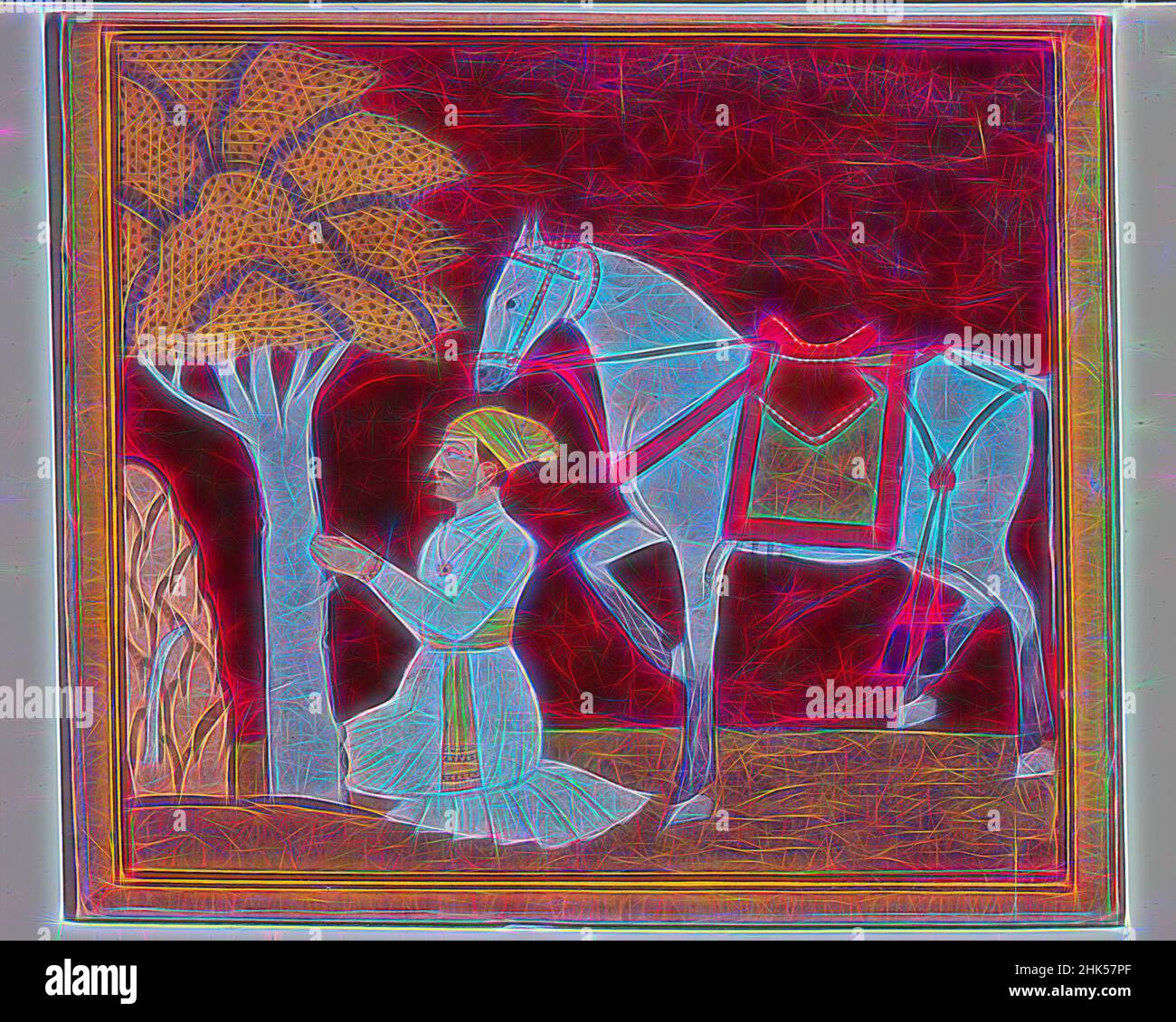 Inspiré par l'illustration d'une série Madhu-Malati, attribué à Bhagvan, aquarelle opaque et or sur papier, Punjab Hills, Inde, ca. 1799, feuille : 6 1/2 x 8 5/8 po, 16,5 x 21,9 cm, barbu, Bhagvan, Or, cheval, Peinture indienne, agenouillement, Kulu, lacustre d'une série Madhu-Malati, homme, réimaginé par Artotop. L'art classique réinventé avec une touche moderne. Conception de lumière chaleureuse et gaie, de luminosité et de rayonnement de lumière. La photographie s'inspire du surréalisme et du futurisme, embrassant l'énergie dynamique de la technologie moderne, du mouvement, de la vitesse et révolutionne la culture Banque D'Images