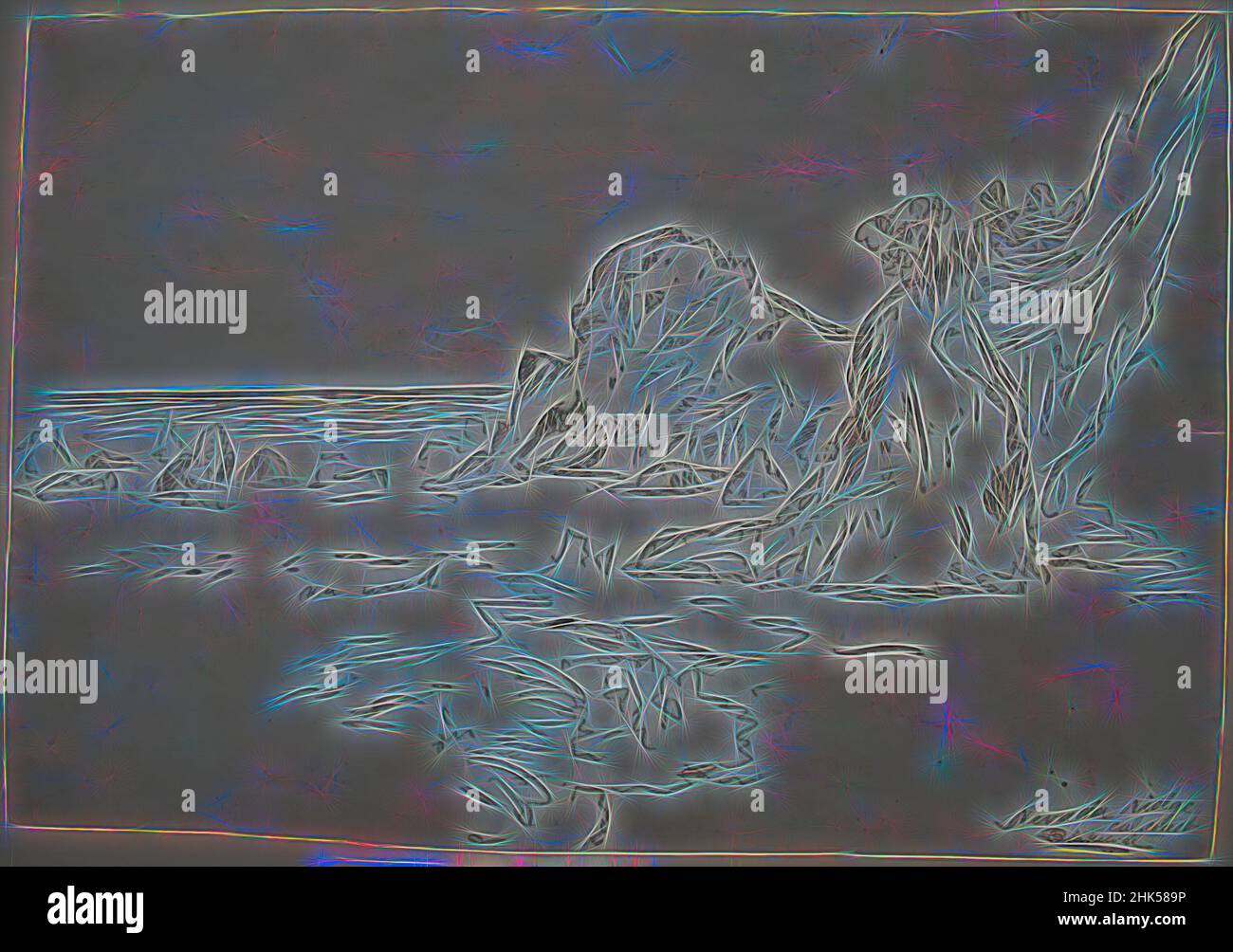 Inspiré par Nevada Ridge, California Coast, Ralph Albert Blakelock, cuisine américaine, 1847-1919, Stylo, encre et graphite sur papier, env. 1869-1871, feuille: 7 3/4 x 11 1/8 po., 19,7 x 28,3 cm, revisitée par Artotop. L'art classique réinventé avec une touche moderne. Conception de lumière chaleureuse et gaie, de luminosité et de rayonnement de lumière. La photographie s'inspire du surréalisme et du futurisme, embrassant l'énergie dynamique de la technologie moderne, du mouvement, de la vitesse et révolutionne la culture Banque D'Images