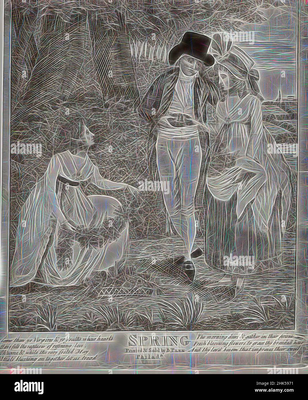 Inspiré par Spring, de la série: 'The four Seasons', gravure de couleur main sur papier vélin blanc, ca. 1800, image: 10 1/2 x 9 1/8 po., 26,7 x 23,2 cm, repensé par Artotop. L'art classique réinventé avec une touche moderne. Conception de lumière chaleureuse et gaie, de luminosité et de rayonnement de lumière. La photographie s'inspire du surréalisme et du futurisme, embrassant l'énergie dynamique de la technologie moderne, du mouvement, de la vitesse et révolutionne la culture Banque D'Images