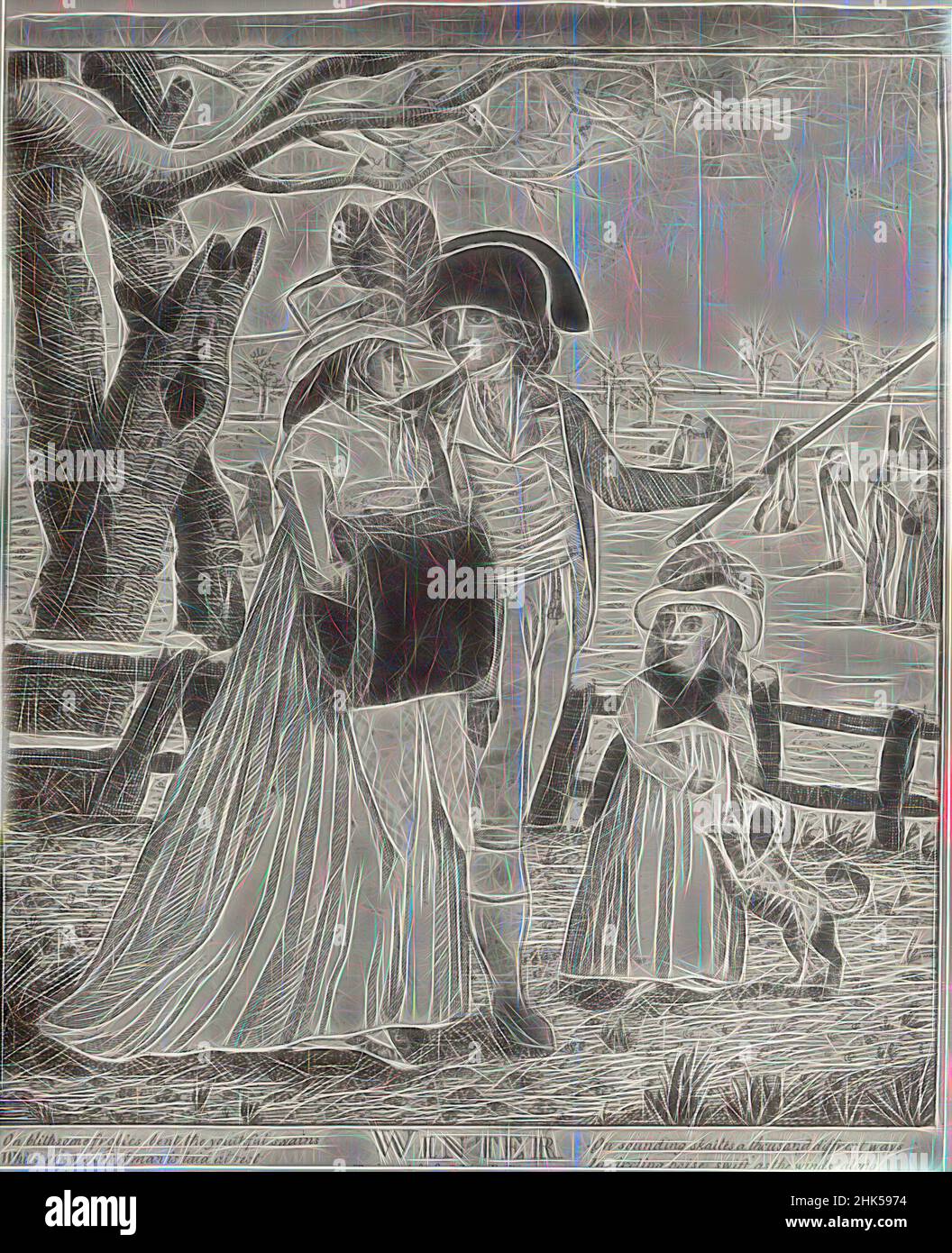 Inspiré par l'hiver, de la série: 'The four Seasons', américain, gravure de couleur main sur papier vélin blanc, ca. 1800, image: 10 1/2 x 9 po., 26,7 x 22,9 cm, repensé par Artotop. L'art classique réinventé avec une touche moderne. Conception de lumière chaleureuse et gaie, de luminosité et de rayonnement de lumière. La photographie s'inspire du surréalisme et du futurisme, embrassant l'énergie dynamique de la technologie moderne, du mouvement, de la vitesse et révolutionne la culture Banque D'Images