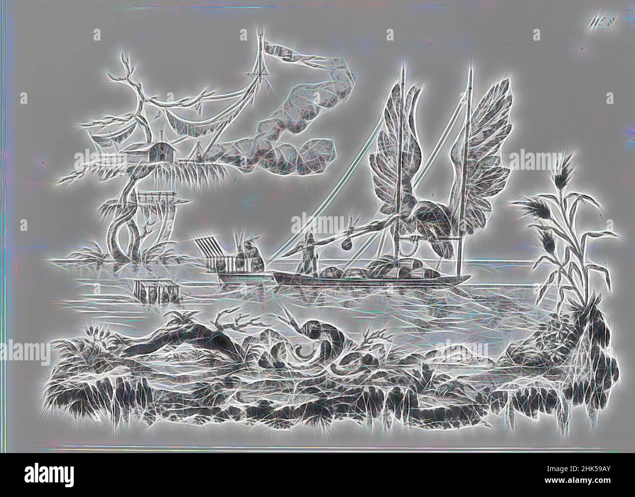 Inspiré par la Terre de la Lune, planche 9, Filippo Morghen, italien, 1730-1807, Gravure sur papier ponté, 1764, 10 13/16 x 14 3/4 po., 27,5 x 37,5 cm, réimaginé par Artotop. L'art classique réinventé avec une touche moderne. Conception de lumière chaleureuse et gaie, de luminosité et de rayonnement de lumière. La photographie s'inspire du surréalisme et du futurisme, embrassant l'énergie dynamique de la technologie moderne, du mouvement, de la vitesse et révolutionne la culture Banque D'Images