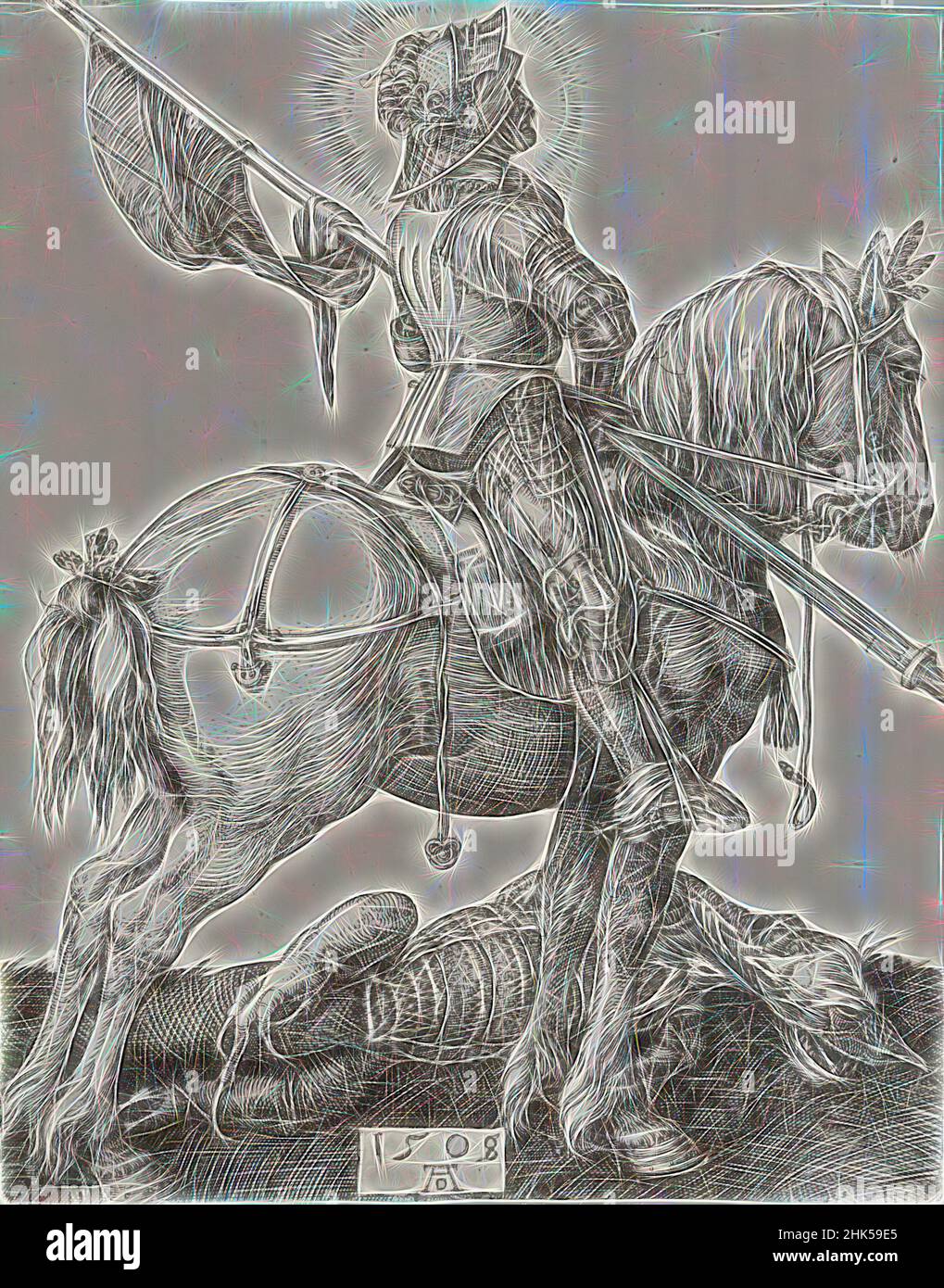 Inspiré par Saint George et le Dragon, Albrecht Dürer, allemand, 1471-1528, gravure sur papier ponté, 1508, 4 1/4 x 3 3/8 po, 10,8 x 8,6 cm, croisé, dragon, drapeau, halo, cheval, chevalier, puissant, slayer, victorieux, La guerre, repensée par Artotop. L'art classique réinventé avec une touche moderne. Conception de lumière chaleureuse et gaie, de luminosité et de rayonnement de lumière. La photographie s'inspire du surréalisme et du futurisme, embrassant l'énergie dynamique de la technologie moderne, du mouvement, de la vitesse et révolutionne la culture Banque D'Images