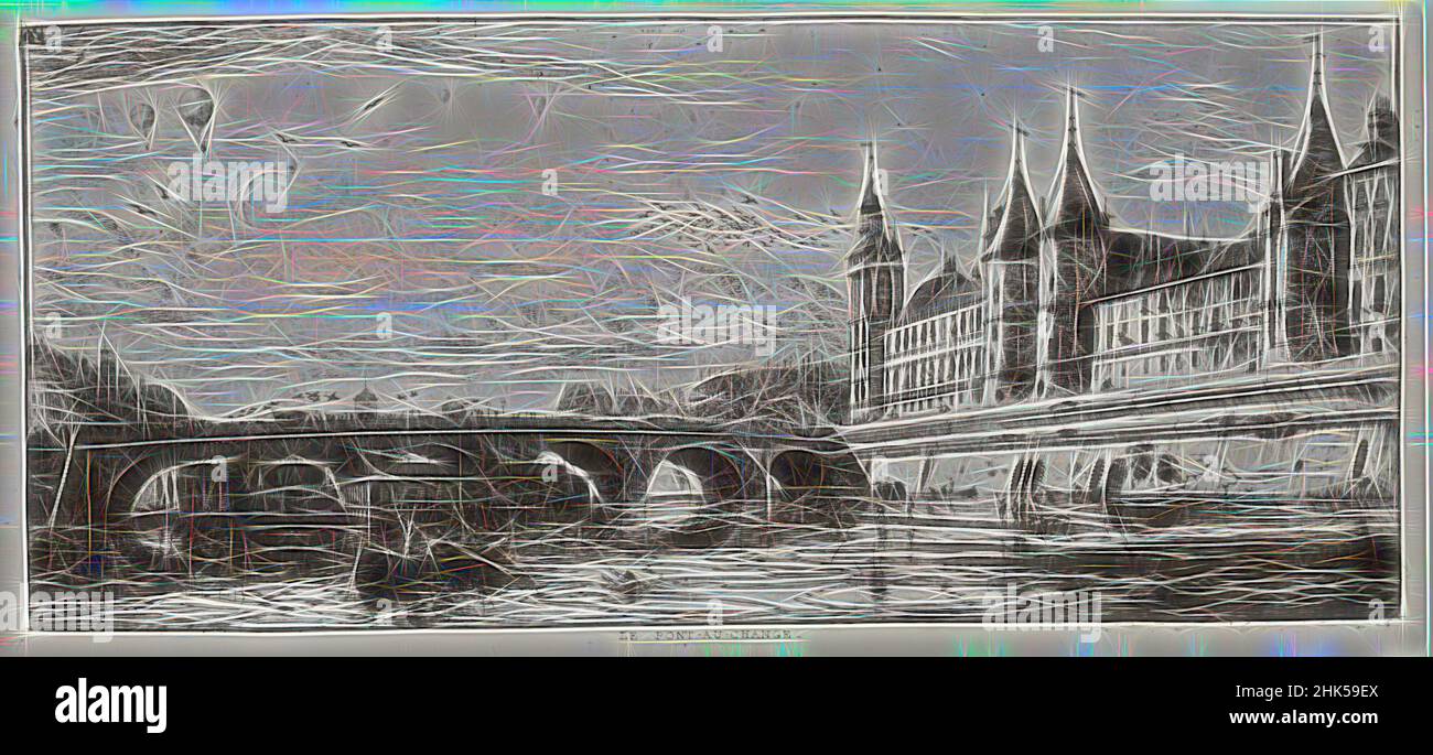 Inspiré par le Pont - au - change, Charles Méryon, français, 1821-1868, Etching sur papier cousu, 1854, 6 1/8 x 13 po, 15,5 x 33 cm, réimaginé par Artotop. L'art classique réinventé avec une touche moderne. Conception de lumière chaleureuse et gaie, de luminosité et de rayonnement de lumière. La photographie s'inspire du surréalisme et du futurisme, embrassant l'énergie dynamique de la technologie moderne, du mouvement, de la vitesse et révolutionne la culture Banque D'Images