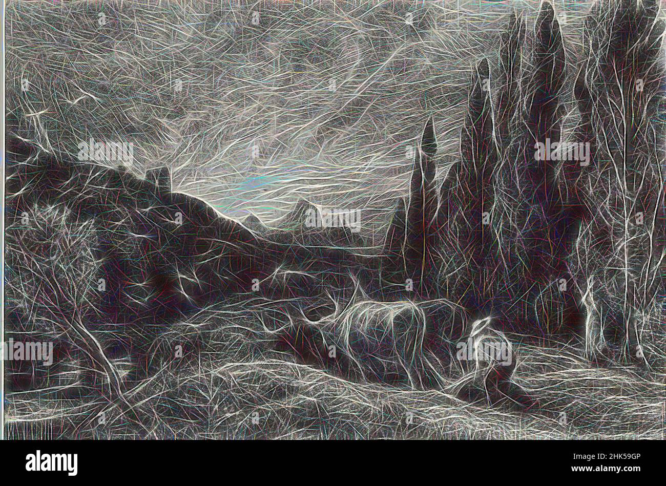 Inspiré par The Early Plowman, Samuel Palmer, British, 1805-1881, Etching sur papier ponté, plaque: 7 x 9 3/4 po, 17,8 x 24,8 cm, réimaginé par Artotop. L'art classique réinventé avec une touche moderne. Conception de lumière chaleureuse et gaie, de luminosité et de rayonnement de lumière. La photographie s'inspire du surréalisme et du futurisme, embrassant l'énergie dynamique de la technologie moderne, du mouvement, de la vitesse et révolutionne la culture Banque D'Images
