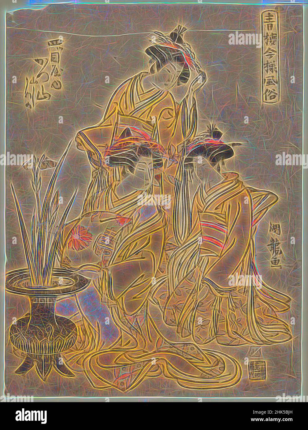 Inspiré par Katsuyama de la Yotsumeya, de la série Modern Customs of the Pleasure Quarters, impression de blocs de bois couleur sur papier, Japon, ca. 1775, période Edo, 8 1/2 x 6 1/4 po., 21,6 x 15,9 cm, Bijin, Bijinga, période Edo, Geisha, Japon, Japonais, kimono, femmes, réimaginé par Artotop. L'art classique réinventé avec une touche moderne. Conception de lumière chaleureuse et gaie, de luminosité et de rayonnement de lumière. La photographie s'inspire du surréalisme et du futurisme, embrassant l'énergie dynamique de la technologie moderne, du mouvement, de la vitesse et révolutionne la culture Banque D'Images