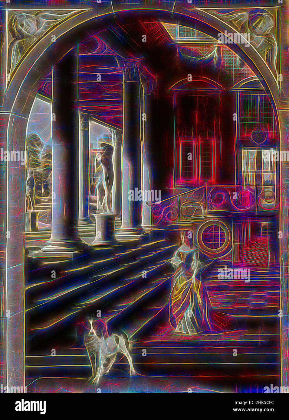 Inspiré par la perspective avec une femme qui lit une lettre, Samuel van Hoogstraten, c. 1670, repensé par Artotop. L'art classique réinventé avec une touche moderne. Conception de lumière chaleureuse et gaie, de luminosité et de rayonnement de lumière. La photographie s'inspire du surréalisme et du futurisme, embrassant l'énergie dynamique de la technologie moderne, du mouvement, de la vitesse et révolutionne la culture Banque D'Images