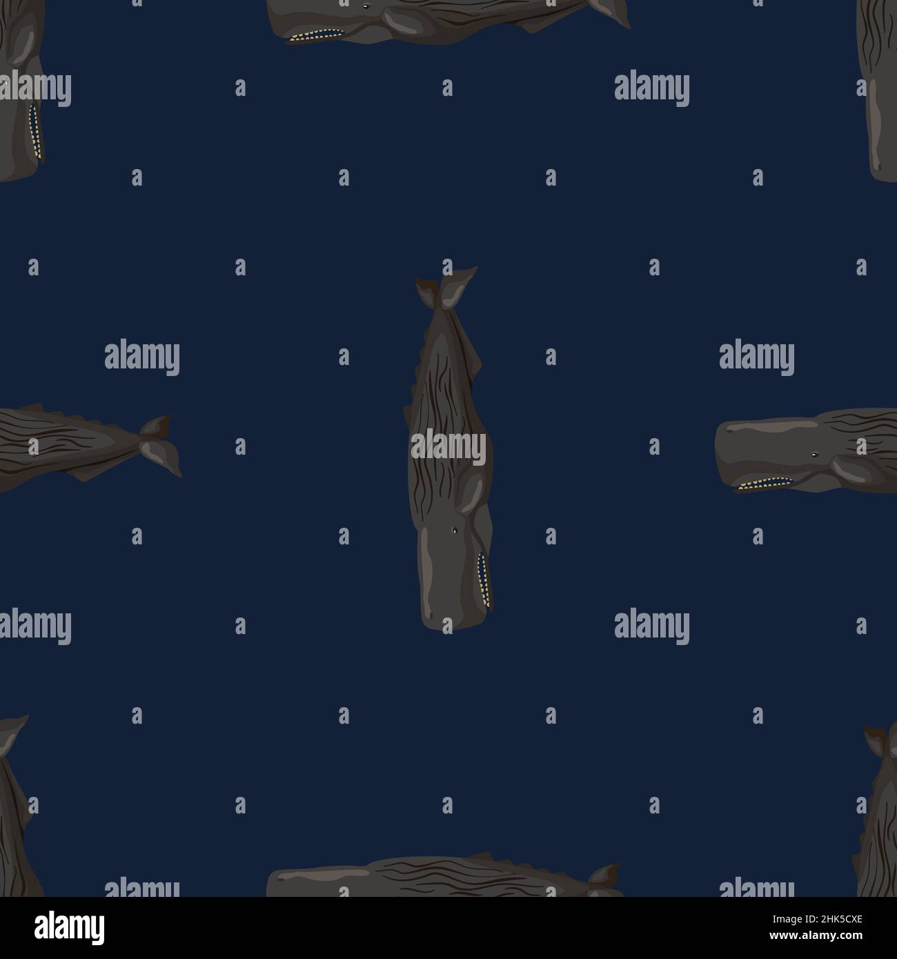 Cachalot à motif sans couture sur fond bleu foncé.Modèle de personnage de dessin animé de l'océan pour le tissu.Texture géométrique répétée avec des cétacées marines Illustration de Vecteur