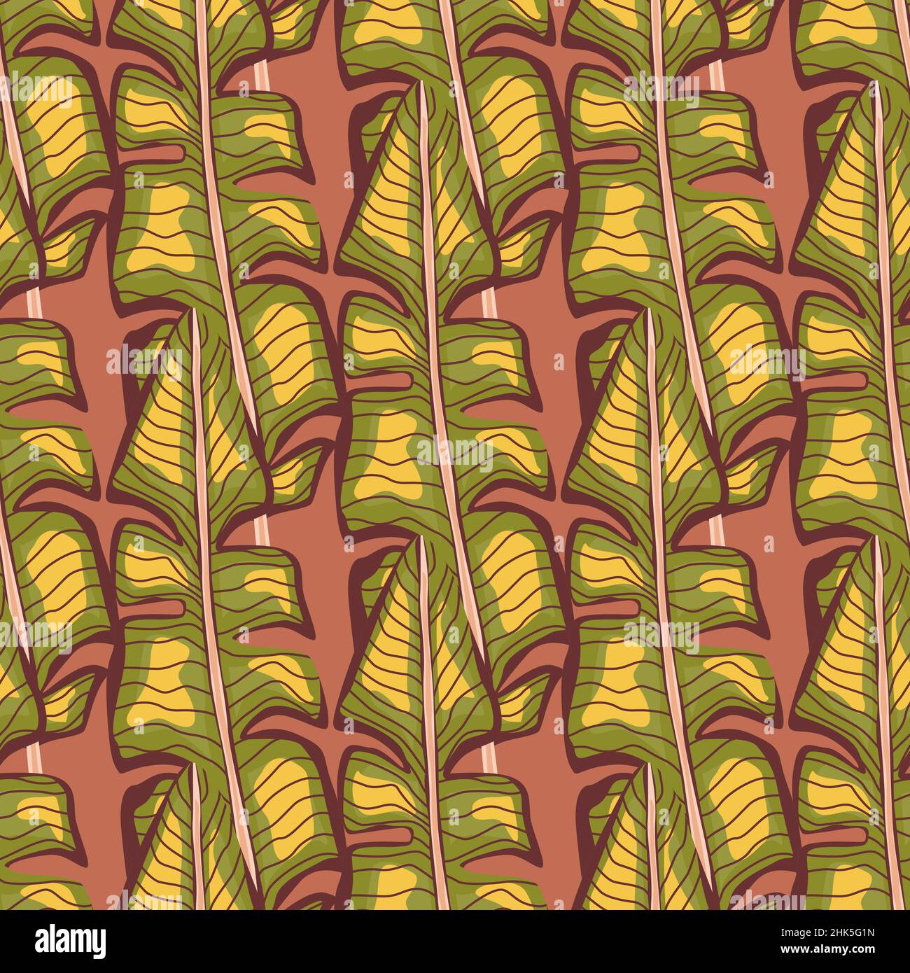 Motif tropical sans couture de style simple avec imprimé feuilles de palmier vert et jaune.Fond rose.Motif graphique pour l'emballage du papier et Illustration de Vecteur