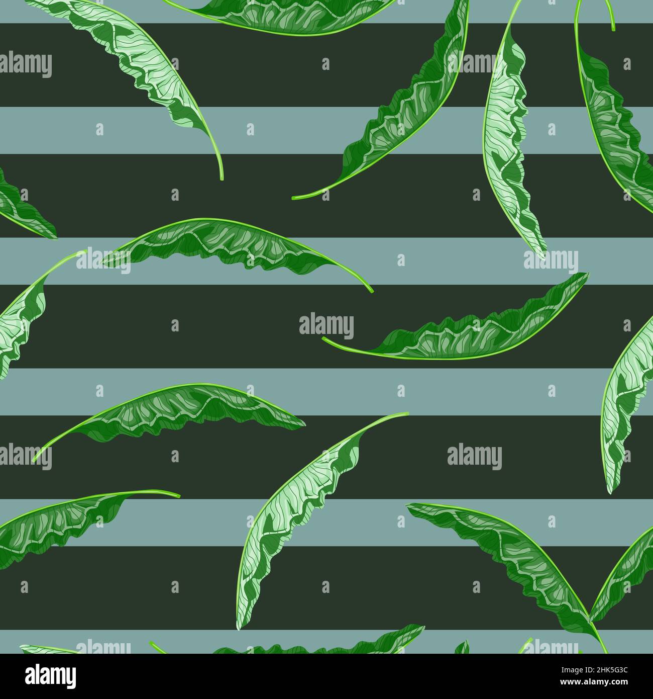Motif hawaïen sans couture avec imprimé feuilles de palmier vert aléatoire.Arrière-plan rayé gris et bleu.Imprimé vectoriel plat pour le textile, le tissu et les cadeaux Illustration de Vecteur
