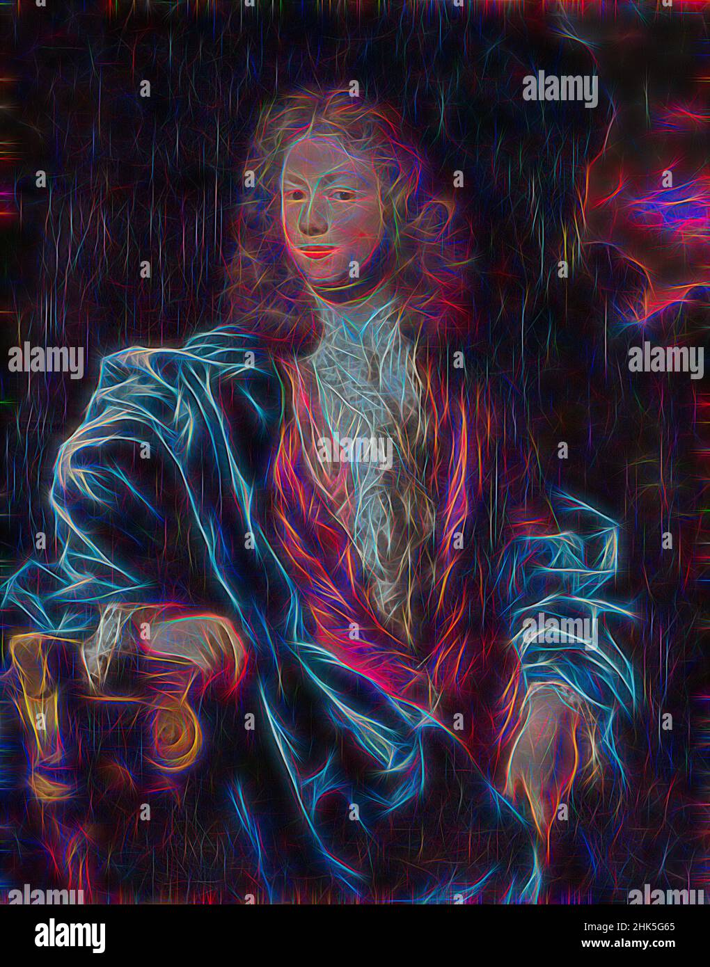 Inspiré par Portrait de Cornelis Ten Hove 1658-1694, Nicolaes Maes, c. 1682, repensé par Artotop. L'art classique réinventé avec une touche moderne. Conception de lumière chaleureuse et gaie, de luminosité et de rayonnement de lumière. La photographie s'inspire du surréalisme et du futurisme, embrassant l'énergie dynamique de la technologie moderne, du mouvement, de la vitesse et révolutionne la culture Banque D'Images