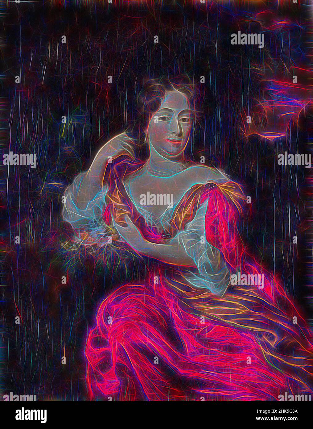 Inspiré par Portrait de Catharina Dierquens 1664-1715, Nicolaes Maes, c. 1682, repensé par Artotop. L'art classique réinventé avec une touche moderne. Conception de lumière chaleureuse et gaie, de luminosité et de rayonnement de lumière. La photographie s'inspire du surréalisme et du futurisme, embrassant l'énergie dynamique de la technologie moderne, du mouvement, de la vitesse et révolutionne la culture Banque D'Images