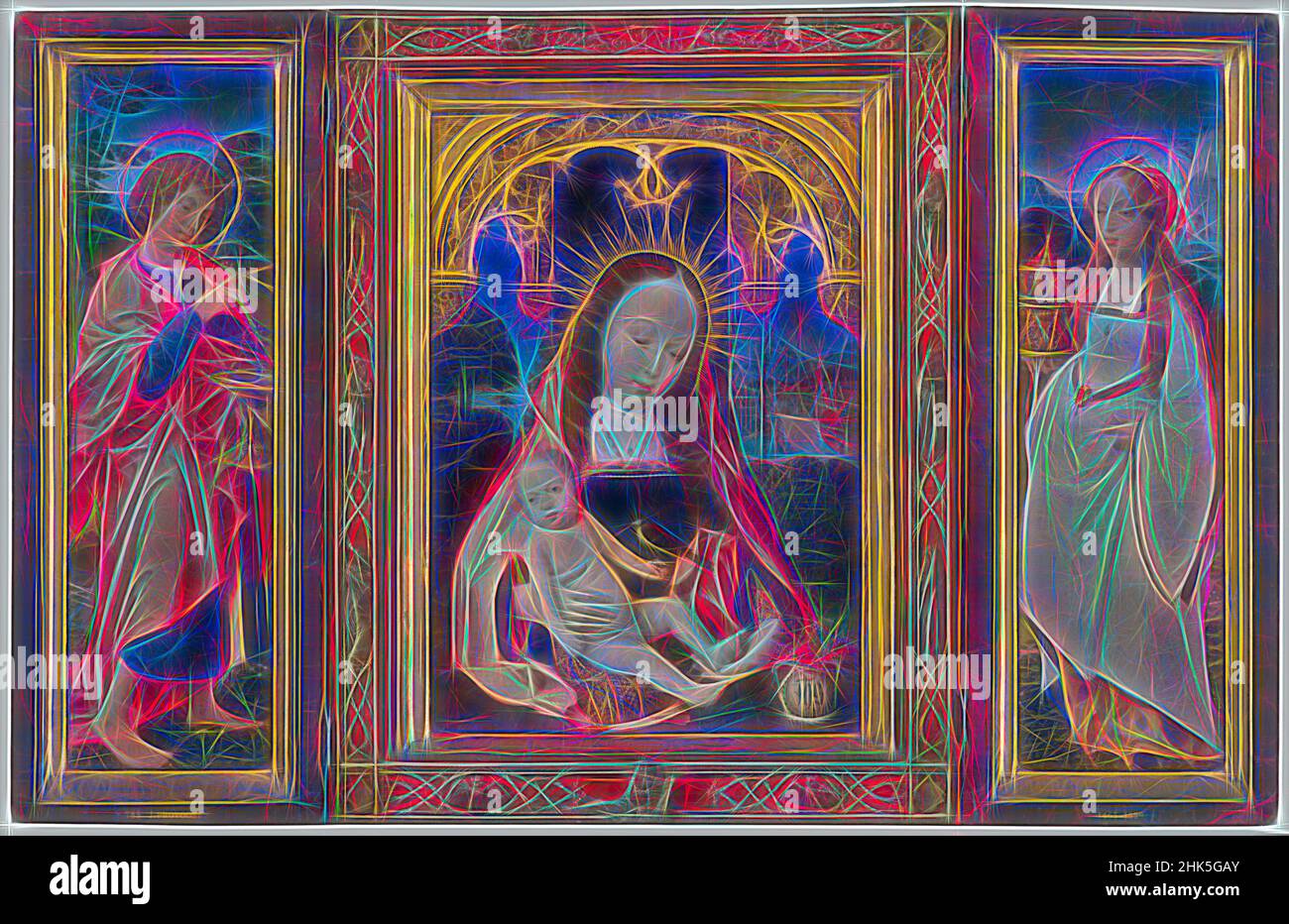 Inspiré par Triptych avec Marie avec enfant, John l'évangéliste et Mary Magdalena, Jan Provoost, c. 1520 - 1525, réimaginé par Artotop. L'art classique réinventé avec une touche moderne. Conception de lumière chaleureuse et gaie, de luminosité et de rayonnement de lumière. La photographie s'inspire du surréalisme et du futurisme, embrassant l'énergie dynamique de la technologie moderne, du mouvement, de la vitesse et révolutionne la culture Banque D'Images