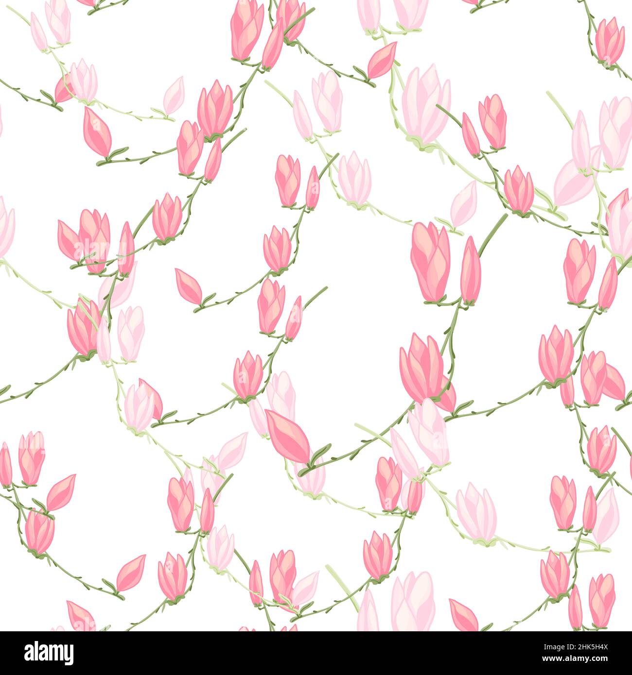 Magnolias à motif sans couture sur fond blanc.Belle texture avec fleurs de printemps.Modèle à motif floral aléatoire pour le tissu.Illustration vectorielle de conception. Illustration de Vecteur