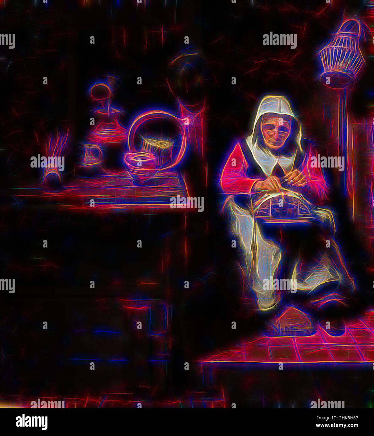 Inspiré par l'ancien ouvrier de la dentelle, Nicolaes Maes, c. 1655, repensé par Artotop. L'art classique réinventé avec une touche moderne. Conception de lumière chaleureuse et gaie, de luminosité et de rayonnement de lumière. La photographie s'inspire du surréalisme et du futurisme, embrassant l'énergie dynamique de la technologie moderne, du mouvement, de la vitesse et révolutionne la culture Banque D'Images