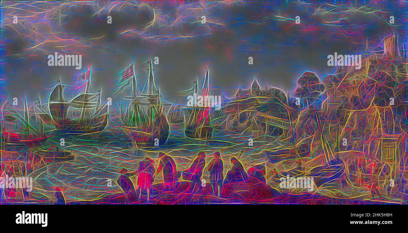 Inspiré par les navires sur une côte rocheuse, Adam Willaerts, 1621 ans, réimaginé par Artotop. L'art classique réinventé avec une touche moderne. Conception de lumière chaleureuse et gaie, de luminosité et de rayonnement de lumière. La photographie s'inspire du surréalisme et du futurisme, embrassant l'énergie dynamique de la technologie moderne, du mouvement, de la vitesse et révolutionne la culture Banque D'Images