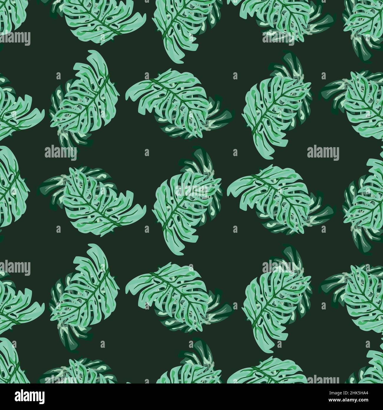 Turquoise créatif Monstera feuilles ornement motif sans couture.Arrière-plan sombre.Imprimé nature.Imprimé vectoriel plat pour textile, tissu, papier cadeau, wal Illustration de Vecteur