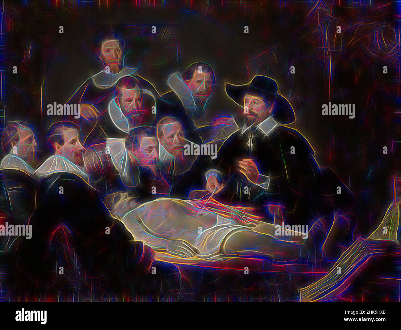 Inspiré par la leçon d'anatomie du Dr Nicolaes Tulp, Rembrandt van Rijn, 1632, réimaginé par Artotop. L'art classique réinventé avec une touche moderne. Conception de lumière chaleureuse et gaie, de luminosité et de rayonnement de lumière. La photographie s'inspire du surréalisme et du futurisme, embrassant l'énergie dynamique de la technologie moderne, du mouvement, de la vitesse et révolutionne la culture Banque D'Images