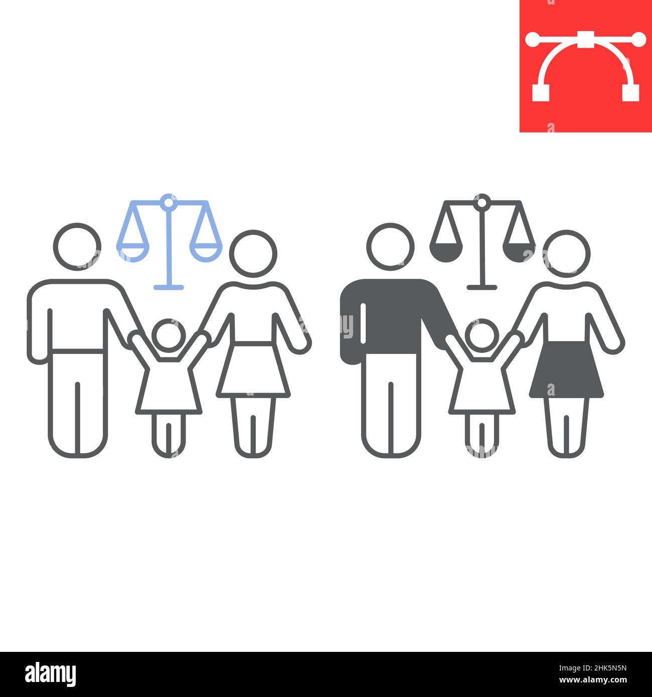 Ligne de droit de la famille et icône de glyphe, juge et divorce, icône de vecteur de famille, graphiques de vecteur, signe de contour de trait modifiable, eps 10. Illustration de Vecteur