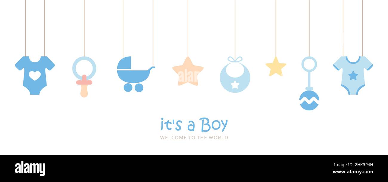 c'est une carte de bienvenue de garçon pour l'accouchement avec des ustensiles de bébé suspendus Illustration de Vecteur