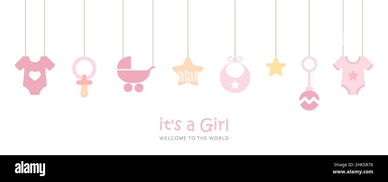 c'est une carte de bienvenue de fille pour l'accouchement avec des ustensiles de bébé suspendus Illustration de Vecteur