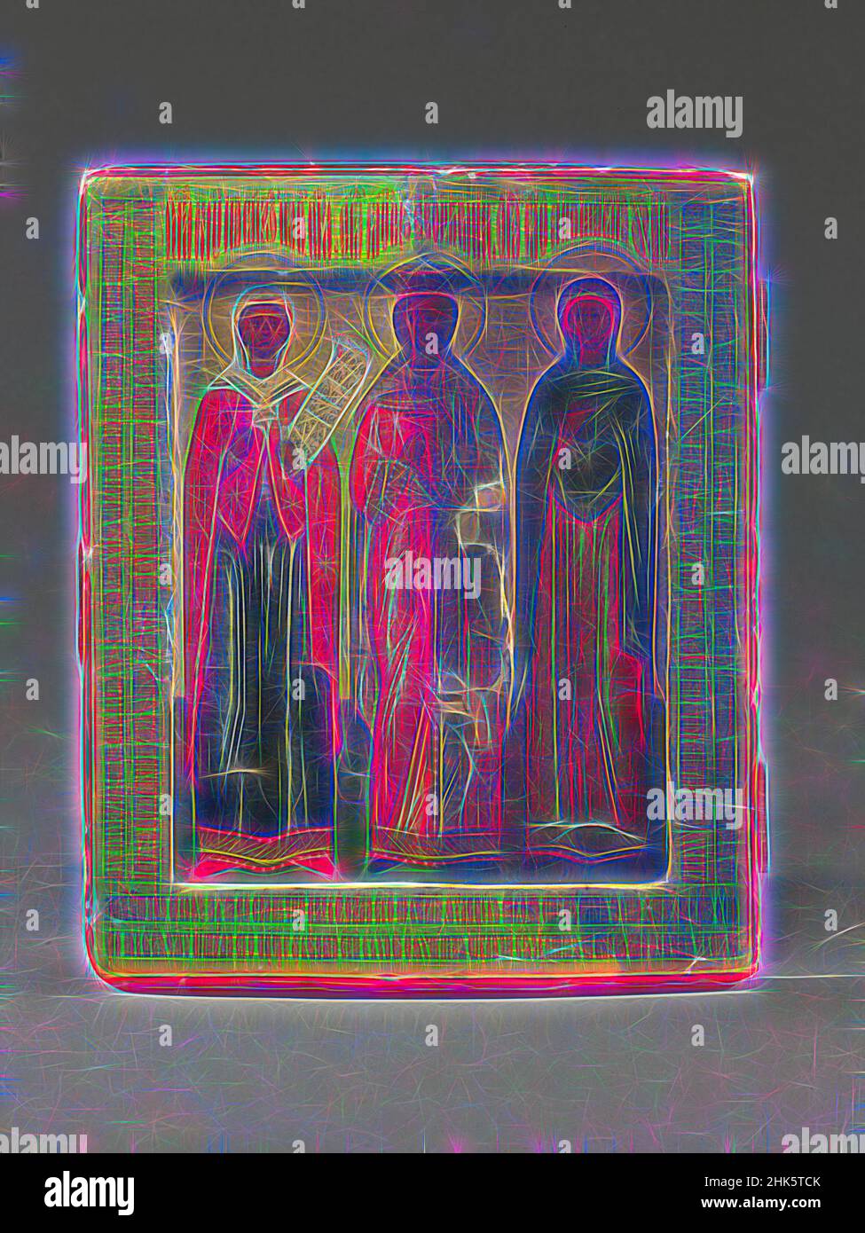 Inspiré par l'icône Menologion avec STS. Paraskeve, Catherine et Anastasia, russe, fin du 17th siècle, Tempera sur bois, fabriqué en Russie, Europe, peintures, 9 1/4 x 7 1/2 po. (23,5 x 19,1 cm, repensé par Artotop. L'art classique réinventé avec une touche moderne. Conception de lumière chaleureuse et gaie, de luminosité et de rayonnement de lumière. La photographie s'inspire du surréalisme et du futurisme, embrassant l'énergie dynamique de la technologie moderne, du mouvement, de la vitesse et révolutionne la culture Banque D'Images