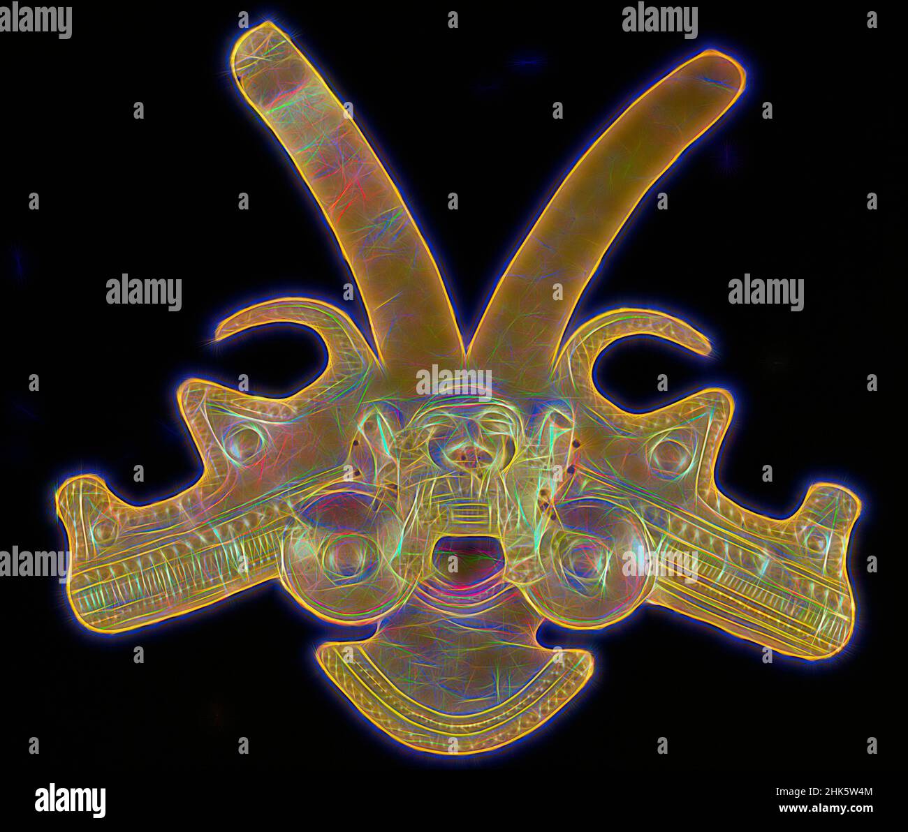 Inspiré par pectoral, Calima, Yotoco, 200 BC–1200 AD, c.500, Or, fabriqué en Colombie, Amérique du Sud, bijoux et accessoires personnels, travail des métaux, 11 7/16 x 11 7/16 po. (29 x 29 cm, repensé par Artotop. L'art classique réinventé avec une touche moderne. Conception de lumière chaleureuse et gaie, de luminosité et de rayonnement de lumière. La photographie s'inspire du surréalisme et du futurisme, embrassant l'énergie dynamique de la technologie moderne, du mouvement, de la vitesse et révolutionne la culture Banque D'Images