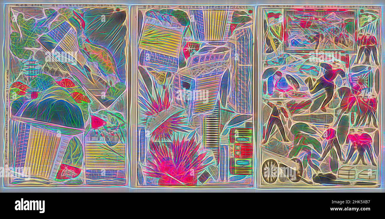 Inspiré par la découpe miniature de trois feuilles Diorama (kumiage) de la grande réalisation d'Onoguchi Tokuji avec la destruction de la porte de Yong'an à la forteresse de Jinzhou, japonais, période Meiji, 1868–1912, Maki Kinnosuke, Japonais, actif fin 19th–début 20th siècle, 1895, Triptych de gravures de couleur sur bois, repensé par Artotop. L'art classique réinventé avec une touche moderne. Conception de lumière chaleureuse et gaie, de luminosité et de rayonnement de lumière. La photographie s'inspire du surréalisme et du futurisme, embrassant l'énergie dynamique de la technologie moderne, du mouvement, de la vitesse et révolutionne la culture Banque D'Images