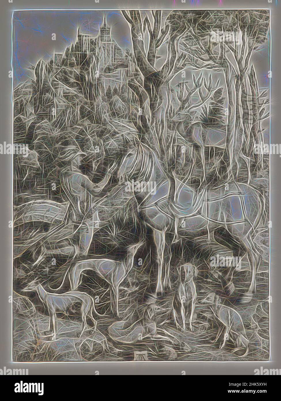 Inspiré par Saint-Eustache, Albrecht Dürer, allemand, 1471–1528, c.1501, Gravure, Allemagne, Europe, tirages, image (impression découpée jusqu'à et à l'intérieur de la plaque) : 13 15/16 x 10 3/16 po. (35,4 x 25,9 cm, repensé par Artotop. L'art classique réinventé avec une touche moderne. Conception de lumière chaleureuse et gaie, de luminosité et de rayonnement de lumière. La photographie s'inspire du surréalisme et du futurisme, embrassant l'énergie dynamique de la technologie moderne, du mouvement, de la vitesse et révolutionne la culture Banque D'Images
