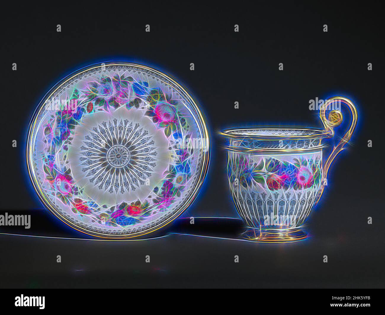 Inspiré par Cup and Saucer, usine de porcelaine de Sèvres, France, fondée en 1756, 1828 et 1829, Porcelaine émaillée et dorée, fabriquée à Sèvres, France, Europe, céramique, tasse : 4 1/2 x 4 1/2 x 3 5/8 po (11,4 x 11,4 x 9,2 cm, repensé par Artotop. L'art classique réinventé avec une touche moderne. Conception de lumière chaleureuse et gaie, de luminosité et de rayonnement de lumière. La photographie s'inspire du surréalisme et du futurisme, embrassant l'énergie dynamique de la technologie moderne, du mouvement, de la vitesse et révolutionne la culture Banque D'Images