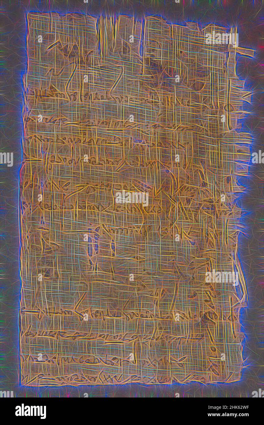 Inspiré par le fragment de Papyrus, Egyptien, période romaine, 30 BC–395 AD, recto : AD 221–22, Verso: 3rd siècle après AD 222, encre sur papyrus, Oxyrhynchus, gouvernorat d'Al Minya, Egypte, Afrique, Livres et manuscrits, 6 1/4 x 3 7/8 cm (15,9 x 9,8 cm, repensé par Artotop. L'art classique réinventé avec une touche moderne. Conception de lumière chaleureuse et gaie, de luminosité et de rayonnement de lumière. La photographie s'inspire du surréalisme et du futurisme, embrassant l'énergie dynamique de la technologie moderne, du mouvement, de la vitesse et révolutionne la culture Banque D'Images